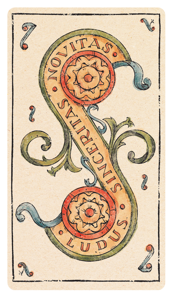 Tarot of Musterberg two of coins card with motto: Ludus, Sinceritas, Novitas