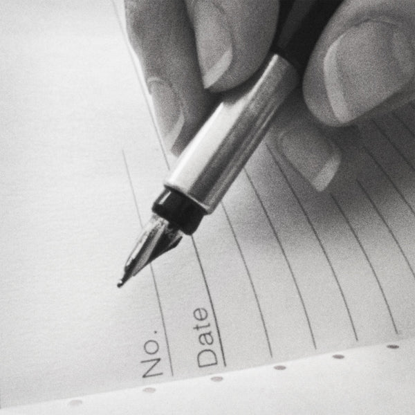 Grainy black-and-white close-up of a fountain pen hovering over the first lined page of an open notebook, the top two lines printed with "No." and "Date."
