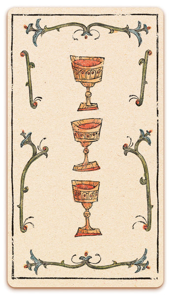 3 of Chalices card of the Curio & Co. Tarot of Musterberg deck - The 79-card deck - for game and cartomancy - by Curio and Co. (www.curioandco.com - Curio and Co. OG)