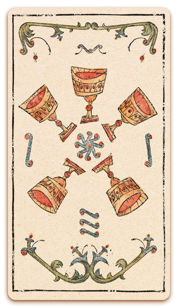 5 of Chalices card of the Curio & Co. Tarot of Musterberg deck - The 79-card deck - for game and cartomancy - by Curio and Co. (www.curioandco.com - Curio and Co. OG)