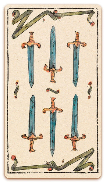 6 of Swords card of the Curio & Co. Tarot of Musterberg deck - The 79-card deck - for game and cartomancy - by Curio and Co. (www.curioandco.com - Curio and Co. OG)