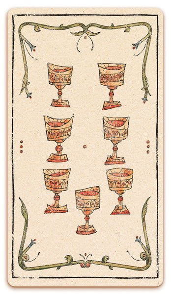 7 of Chalices card of the Curio & Co. Tarot of Musterberg deck - The 79-card deck - for game and cartomancy - by Curio and Co. (www.curioandco.com - Curio and Co. OG)