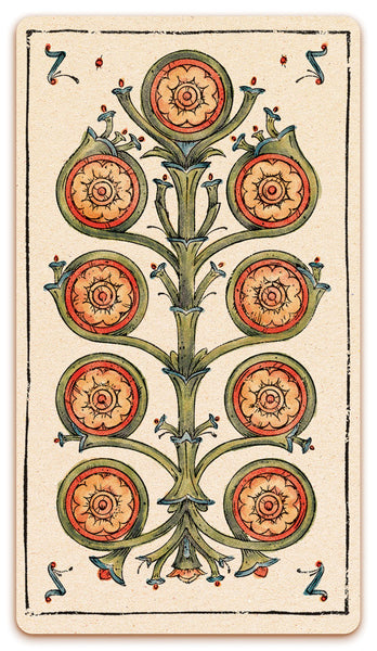 9 of Coins card of the Curio & Co. Tarot of Musterberg deck - The 79-card deck - for game and cartomancy - by Curio and Co. (www.curioandco.com - Curio and Co. OG)
