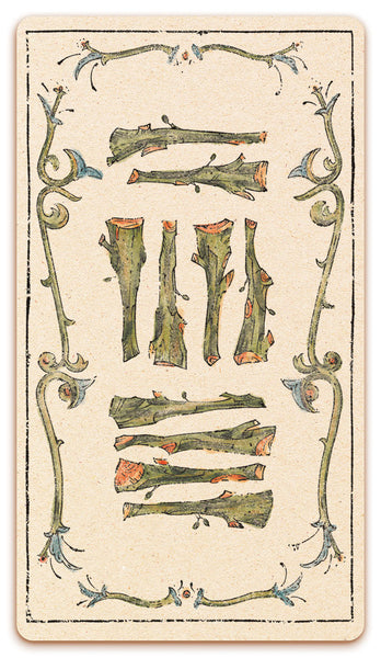 10 of Wands card of the Curio & Co. Tarot of Musterberg deck - The 79-card deck - for game and cartomancy - by Curio and Co. (www.curioandco.com - Curio and Co. OG)