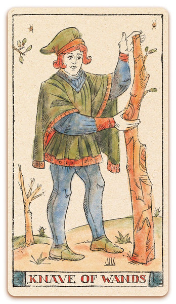 Knave of Wands card of the Curio & Co. Tarot of Musterberg deck - The 79-card deck - for game and cartomancy - by Curio and Co. (www.curioandco.com - Curio and Co. OG)