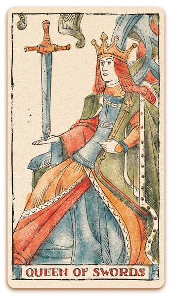Queen of Swords card of the Curio & Co. Tarot of Musterberg deck - The 79-card deck - for game and cartomancy - by Curio and Co. (www.curioandco.com - Curio and Co. OG)