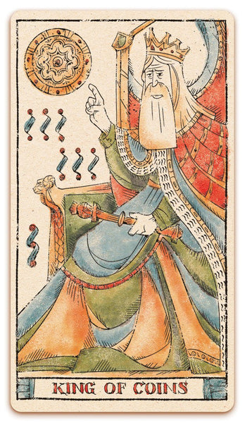 King of Coins card of the Curio & Co. Tarot of Musterberg deck - The 79-card deck - for game and cartomancy - by Curio and Co. (www.curioandco.com - Curio and Co. OG)