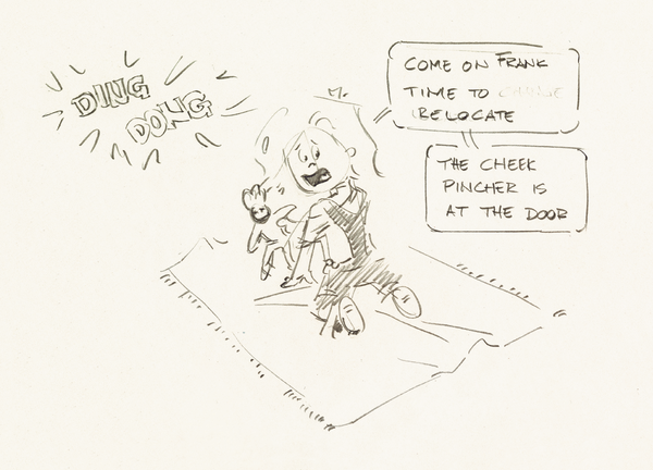 Acid free postcard - drawings by Clarence 'Otis' Dooley - kid afraid of his aunt kissing him