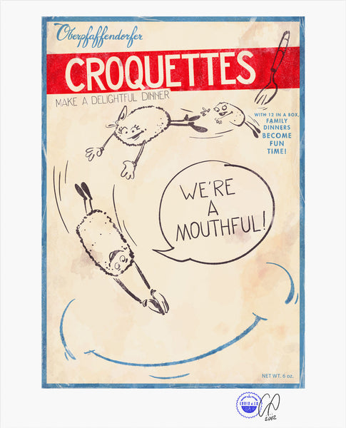 Vintage poster ad with anthropomorphic croquettes (circa 1940's) for frozen croquettes - "We are a mouth full"