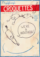 Vintage poster ad with anthropomorphic croquettes (circa 1940's) for frozen croquettes - "We are a mouth full"