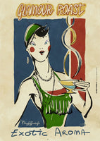Illustrated vintage poster ad with flapper drinking coffee (circa 1920's) "Exotic Aroma"