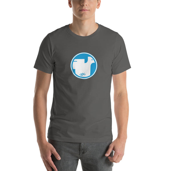 Unisex staple T-shirt asphalt front side - Cudworth-Hooper chicken logo