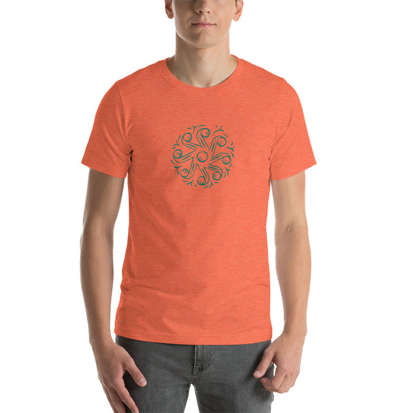 Unisex staple t-shirt heather orange front with Tarot of Musterberg pattern from back of cards
