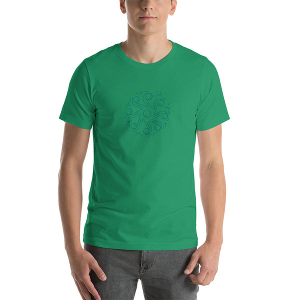 Unisex staple t-shirt kelly green front with Tarot of Musterberg pattern from back of cards