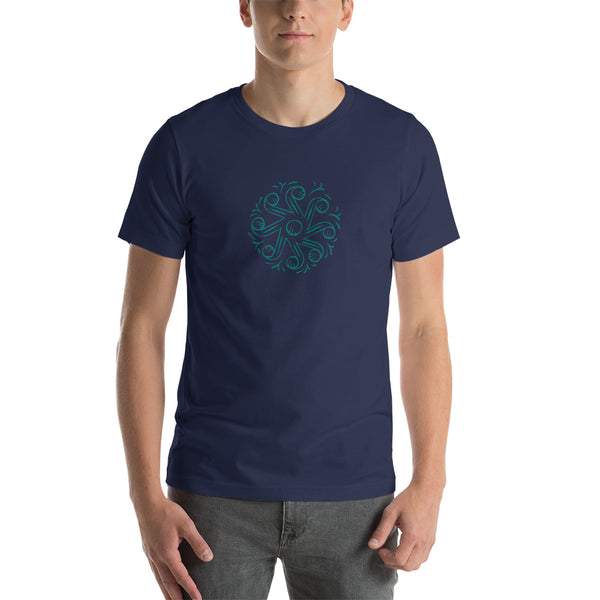 Unisex staple t-shirt navy front with Tarot of Musterberg pattern from back of cards