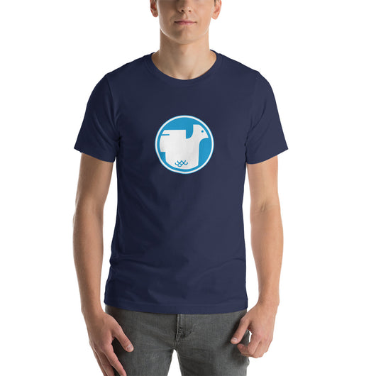 Unisex staple T-shirt navy front side - Cudworth-Hooper chicken logo