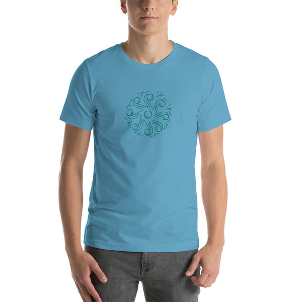 Unisex staple t-shirt ocean blue front with Tarot of Musterberg pattern from back of cards