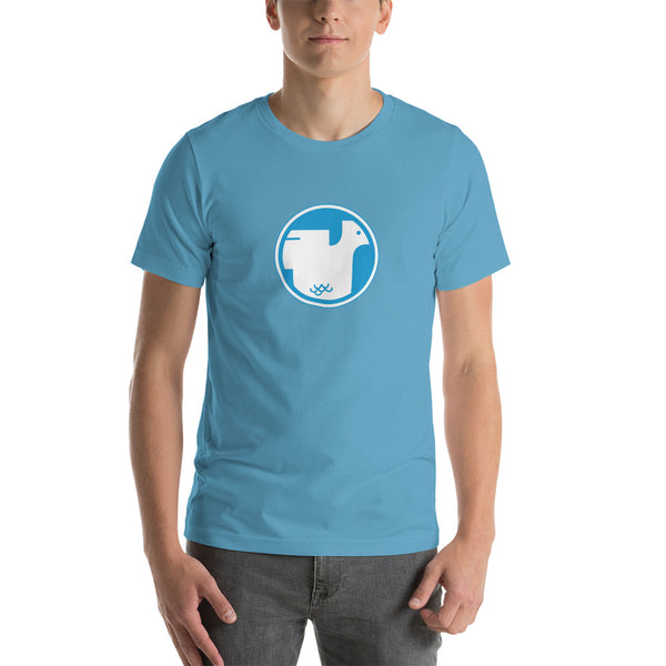 Unisex staple T-shirt ocean blue, front side - Cudworth-Hooper chicken logo