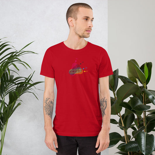 Unisex staple t-shirt red front offset print rosetta pattern - 75˚ 45˚ 15˚ 0˚