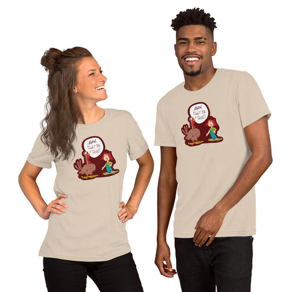 Couple smiling wearing warm grey Frank & His Friend T-shirt with turkey