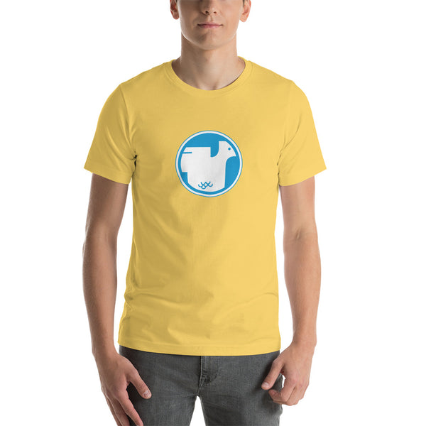 Unisex staple T-shirt yellow front side - Cudworth-Hooper chicken logo