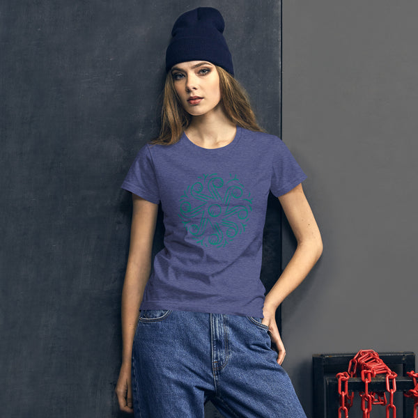 Women's fashion fit t-shirt heather blue front with Tarot of Musterberg pattern from back of cards
