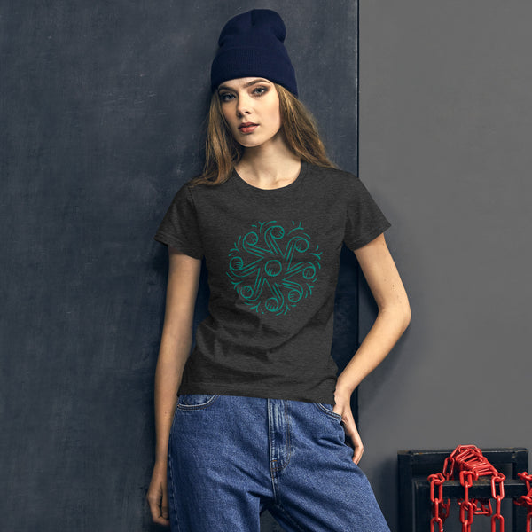 Women's fashion fit t-shirt heather dark grey front with Tarot of Musterberg pattern from back of cards