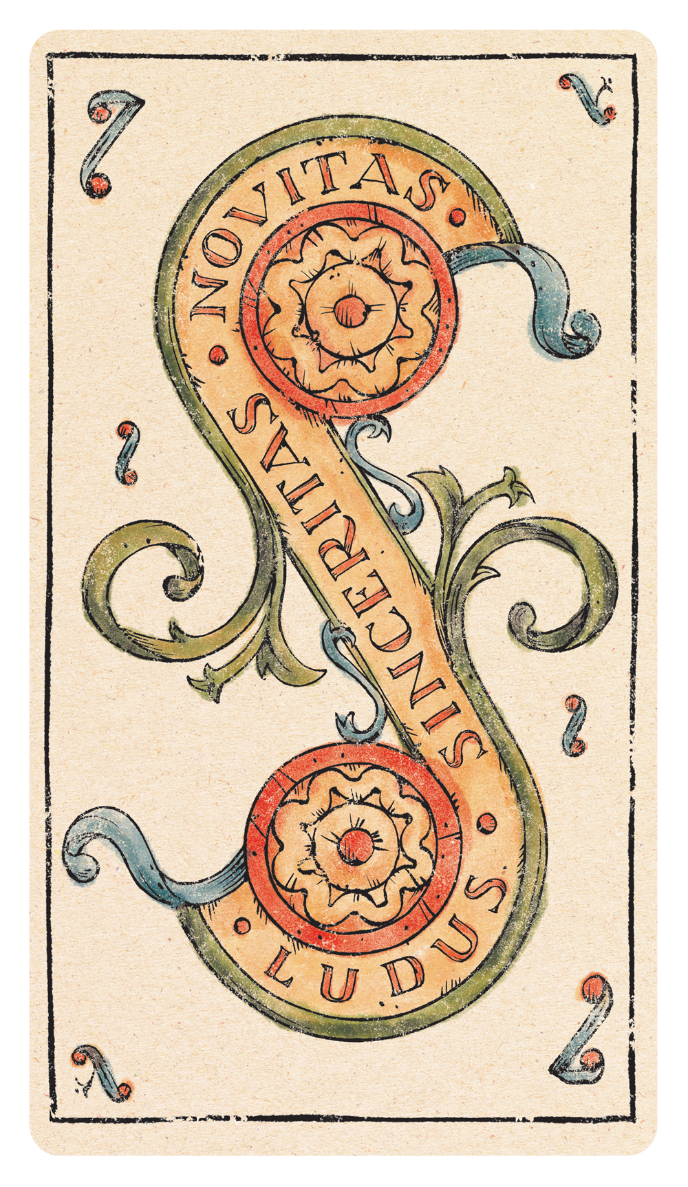 Tarot of Musterberg two of coins card with motto: Ludus, Sinceritas, Novitas