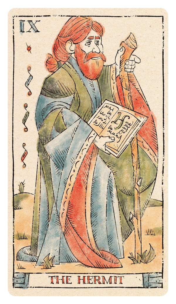 Illustrated card of IX - The Hermit card of the Tarot of Musterberg deck