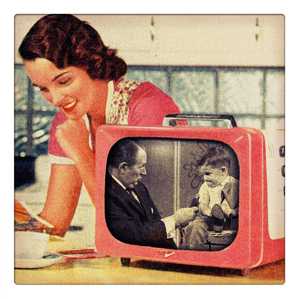 Curio & Co. takes a look at what makes a TV personality different from other celebrities - retro photo of 1950s woman looking at a magazine with a vintage TV showing Art Linkletter's classic tv show Kids Say the Darndest Things. Curio and Co. OG