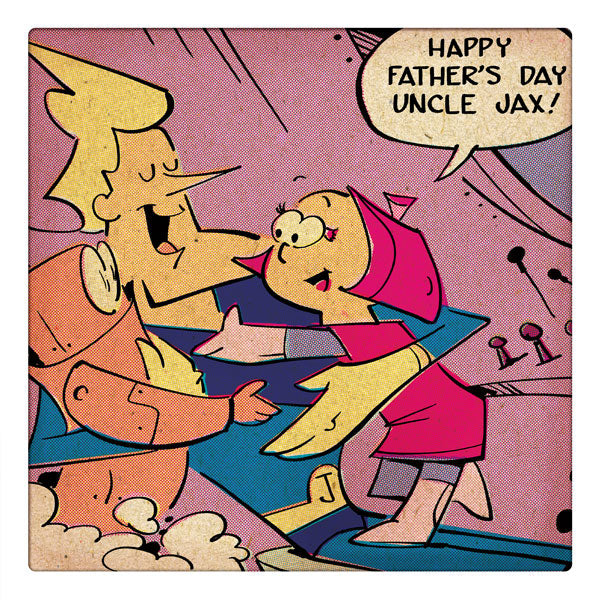 Curio & Co. celebrates Father's Day with one of our favorite pop culture surrogate Dads: Spaceman Jax. Image of Spaceman Jax, his niece Dekkin and their domestic service robot Artie from the pages of the Spaceman Jax and the Galactic Adventures comics