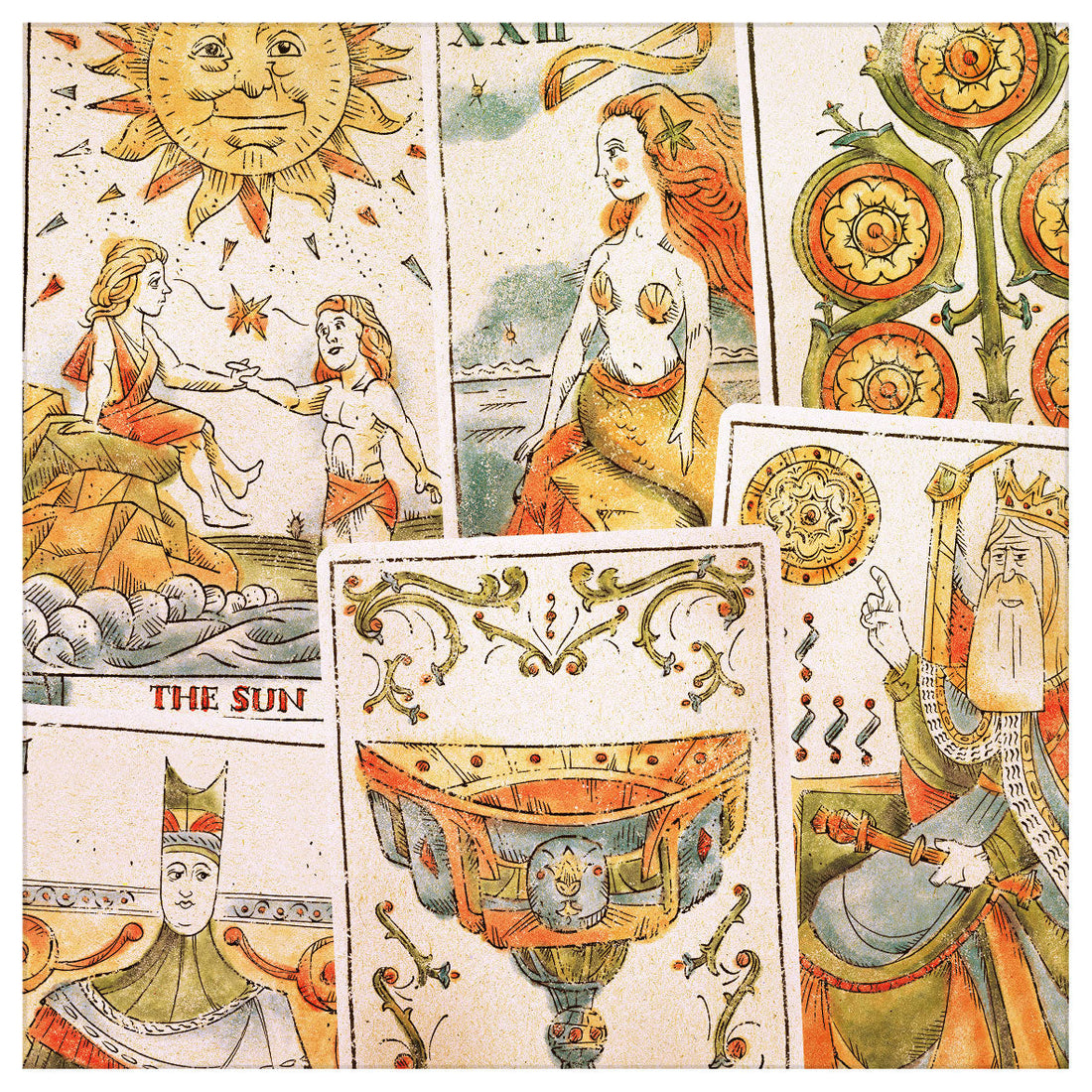 Six illustrated cards from the Tarot of Musterberg