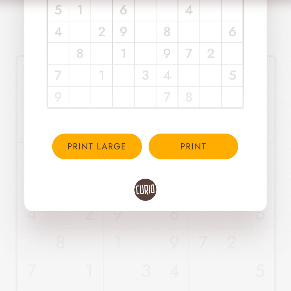 Closeup of the orange "Print Large" and "Print" buttons that appear in the Curio & Co. Sudoku print panel.