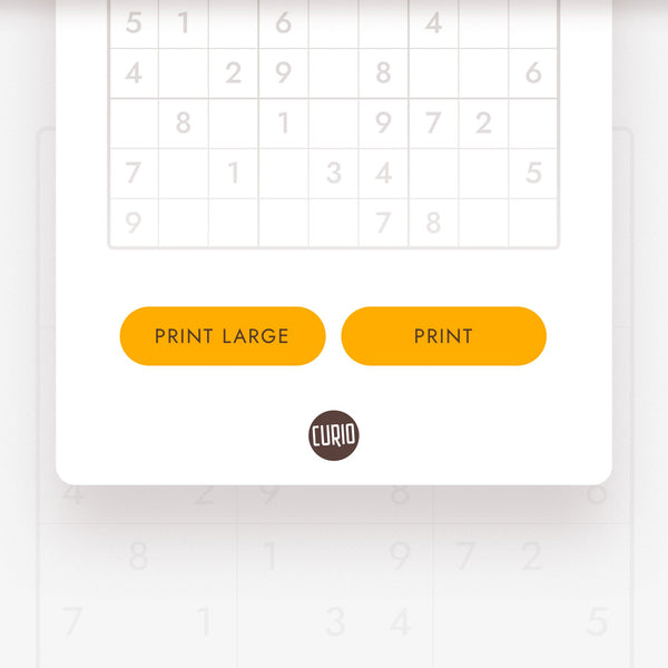 Closeup of the orange "Print Large" and "Print" buttons that appear in the Curio & Co. Sudoku print panel.