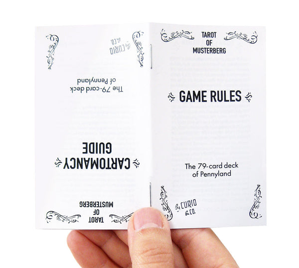 Hand holding two-sided instruction manual for the Tarot of Musterberg's game rules and cartomancy