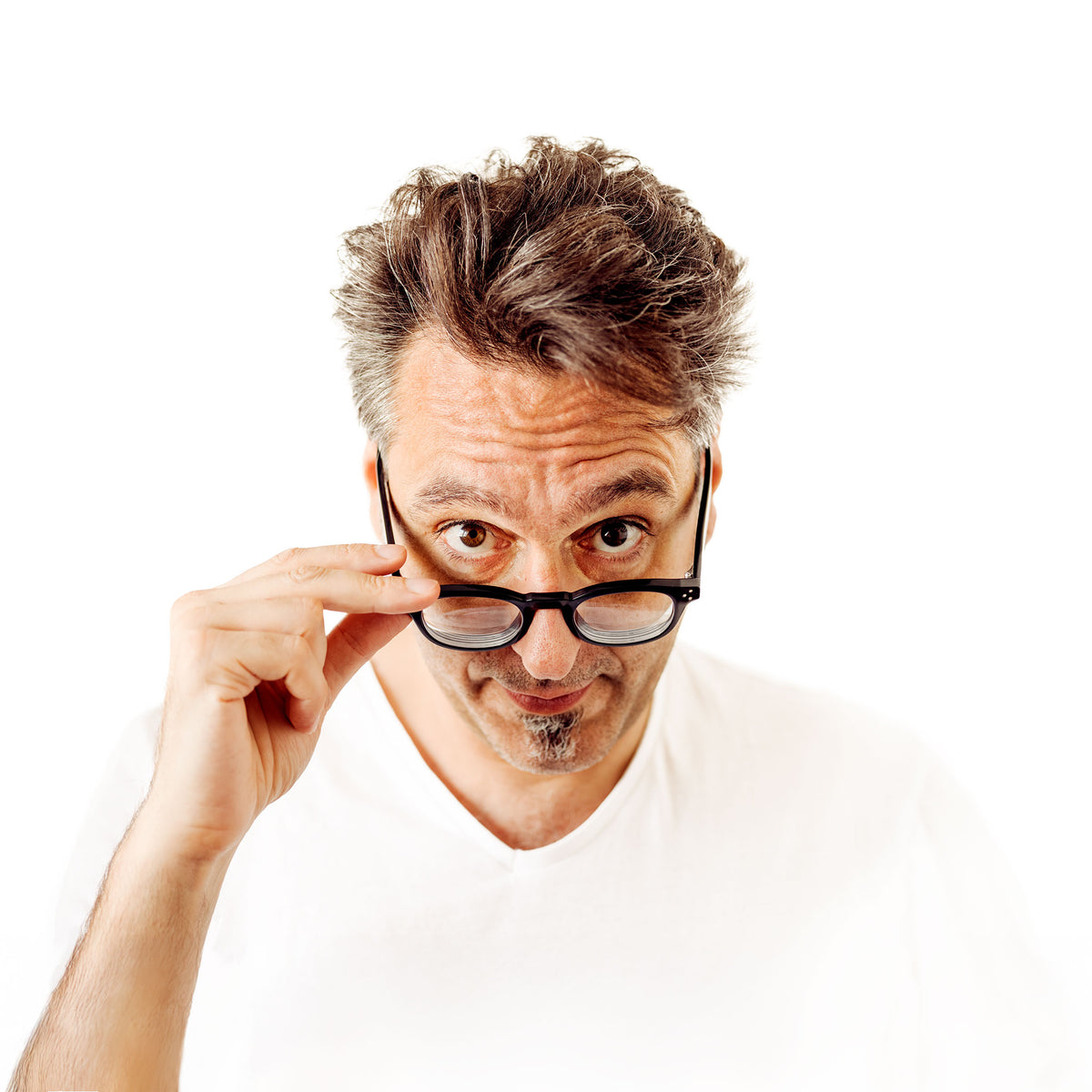 Cesare Asaro portrait looking over glasses on white back ground