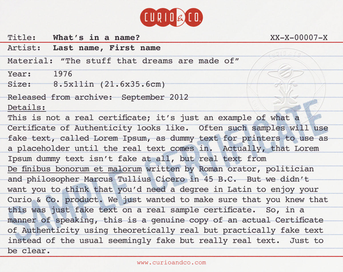 Curio & Co. sample certificate of authenticity Title: What's in a name?