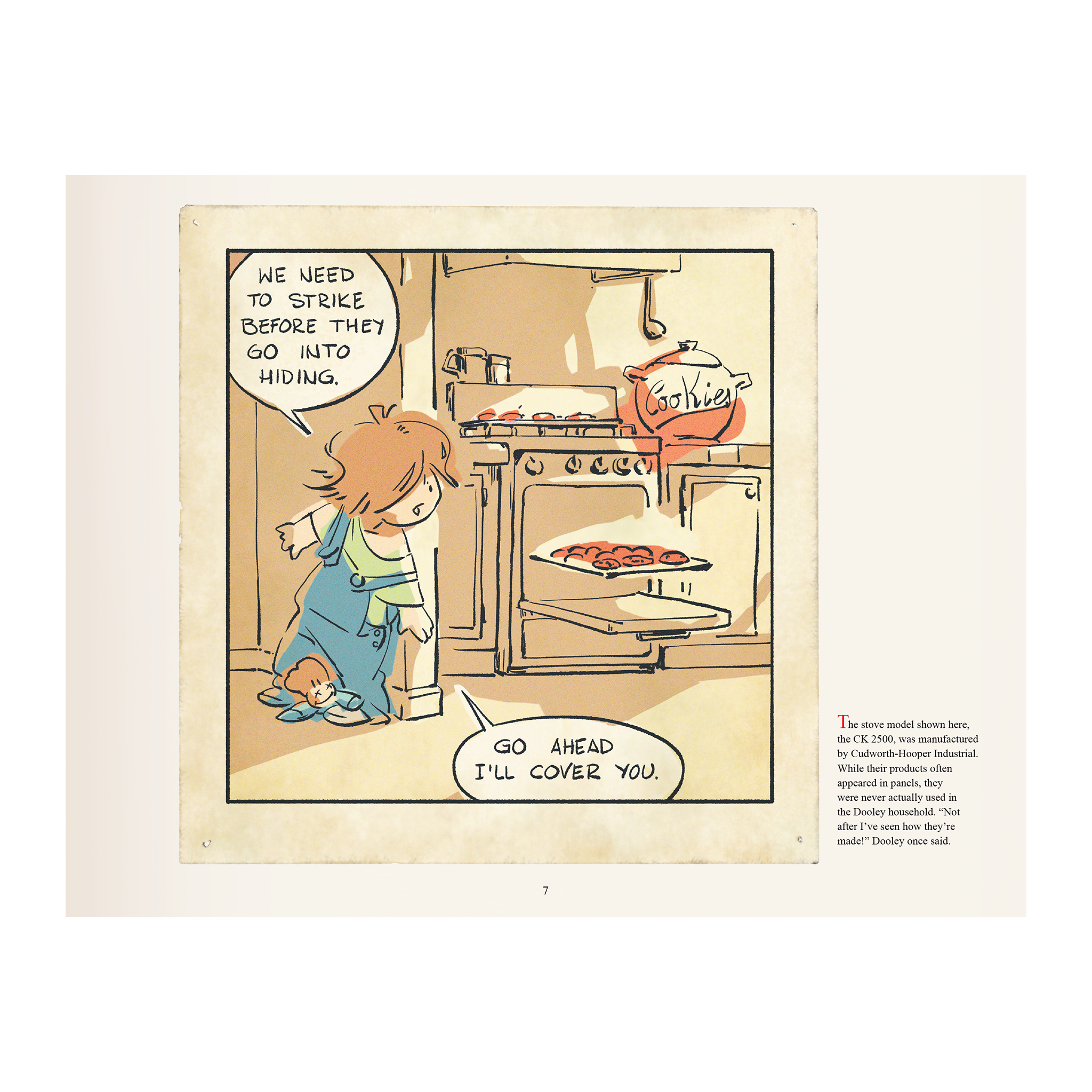 Frank and His Friend comic color panel illustration with a child by an oven with fresh cookie with speech bubbles  plus additional text.