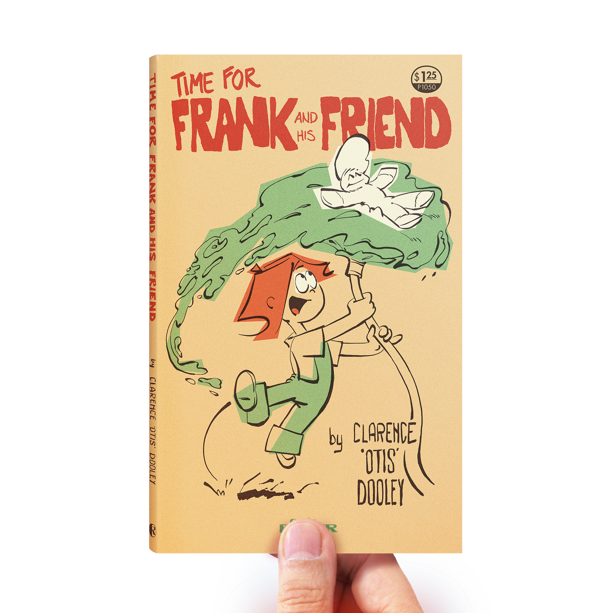 Hand holding Time For Frank & His Friend paperback book - Ringer Publishing - Frank held up by the kid hosing water under him - comic strip