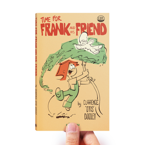 Hand holding Time For Frank & His Friend paperback book - Ringer Publishing - Frank held up by the kid hosing water under him - comic strip