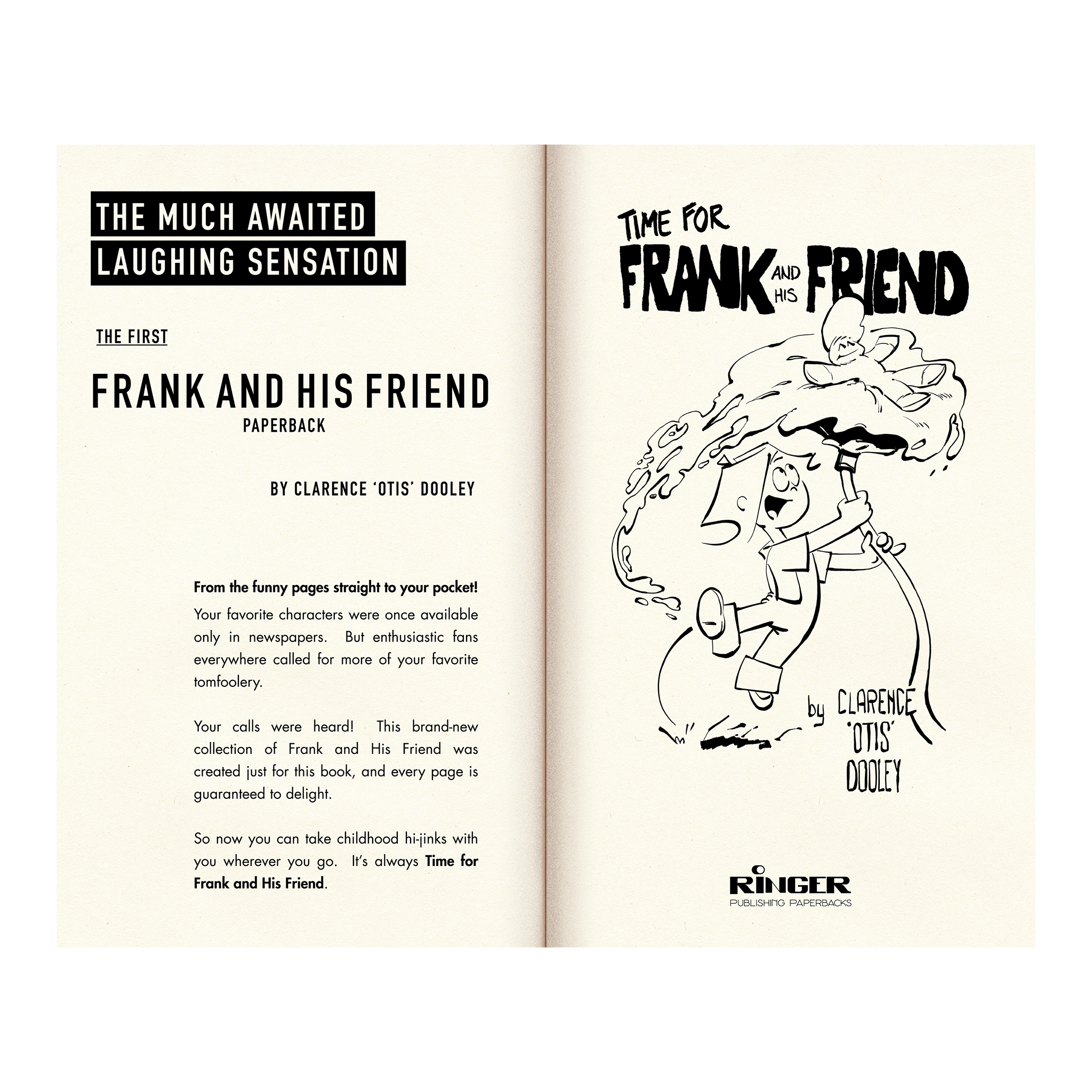 Title page of open book with black and white illustration of a cartoon jumping character and text about 'Frank and His Friend' series.