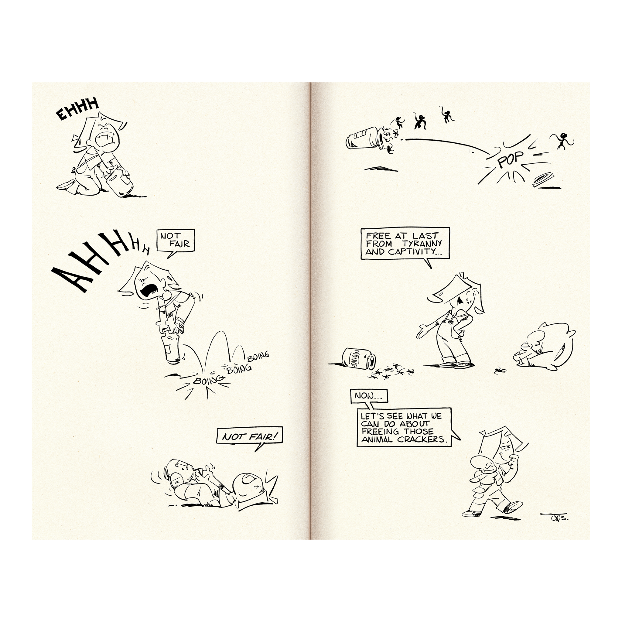 Frank and His Friend Comic strip page spread with black line art and text bubbles on a white background - kid struggling to open jar
