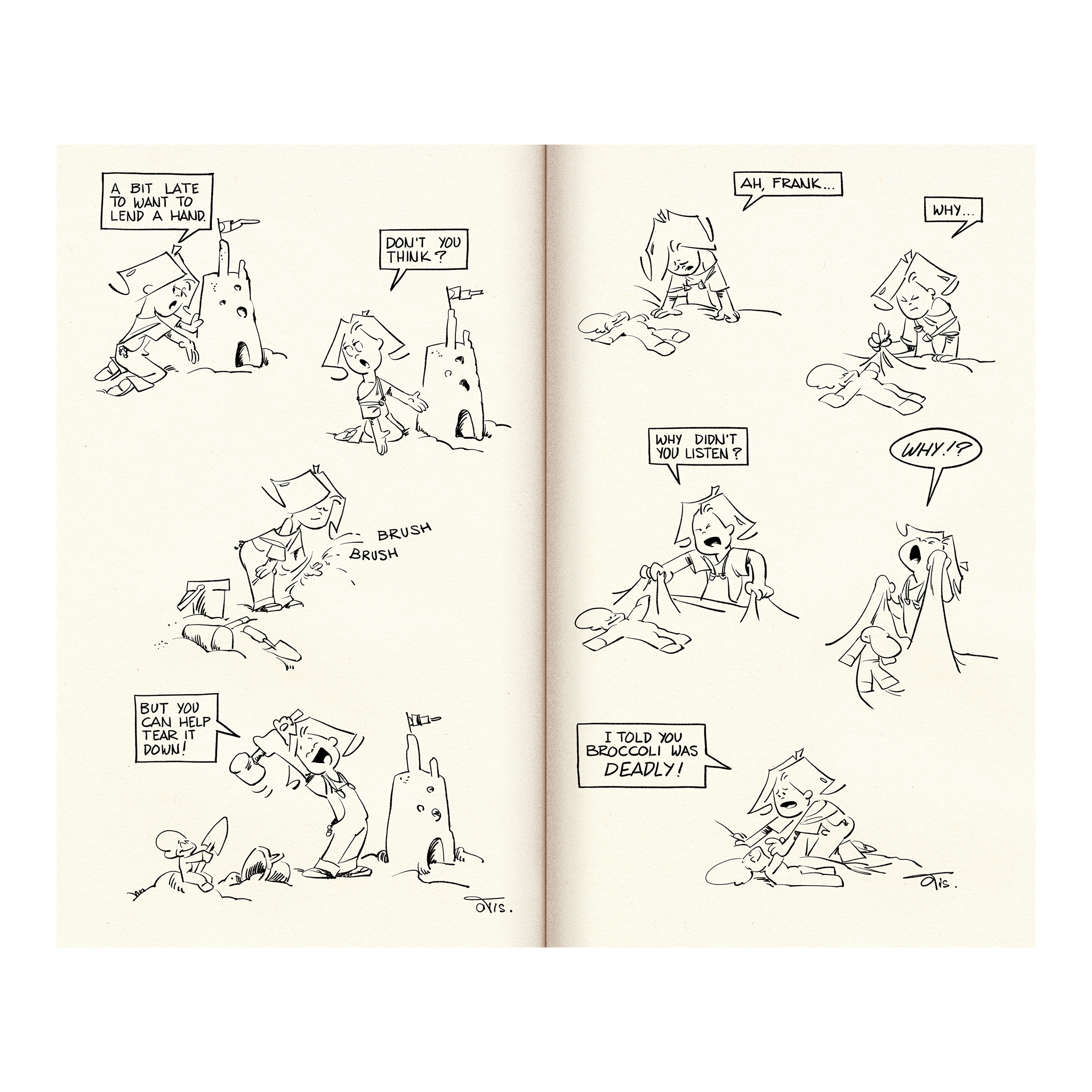 Frank and His Friend Comic strip page spread with black line art and text bubbles on a white background - kid building sand castle and morning doll's demise 