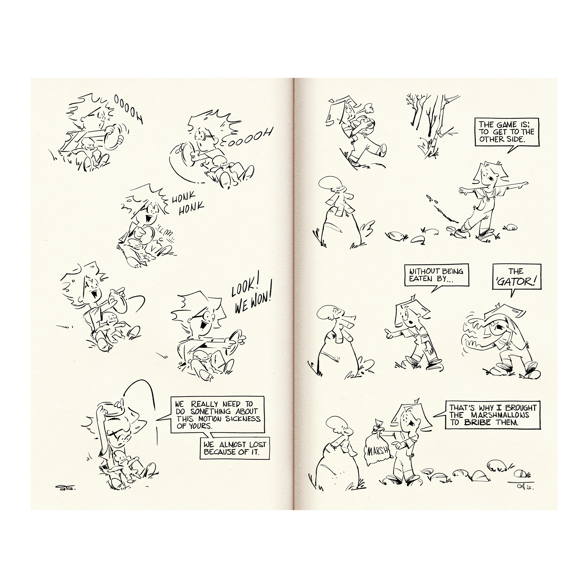 Frank and His Friend Comic strip page spread with black line art and text bubbles on a white background - kid playing car race and playing in the green