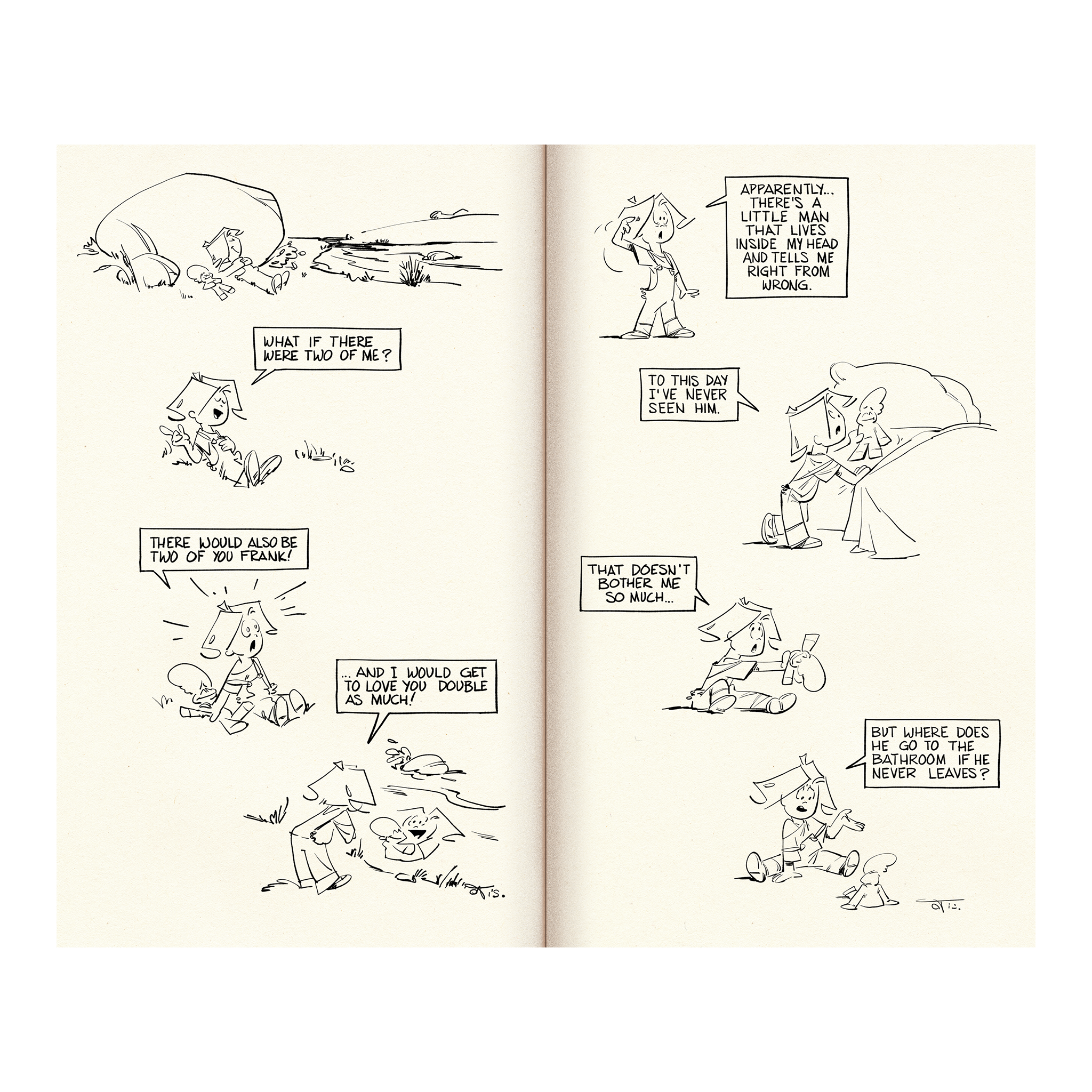 Frank and His Friend Comic strip page spread with black line art and text bubbles on a white background - kid looking ah his reflection and philosophizing