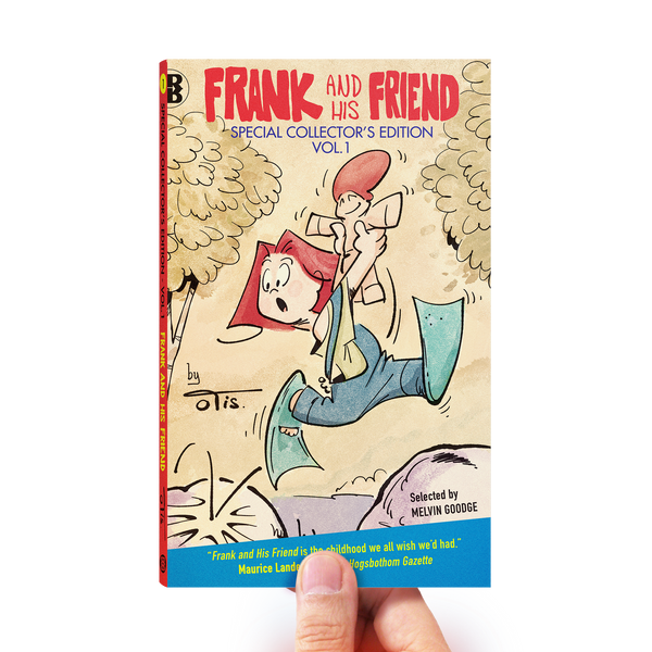 Hand holding paperback of Frank & His Friend Special Collector's Edition Vol.1 - with Kid jumping off rock holding his doll in his hands