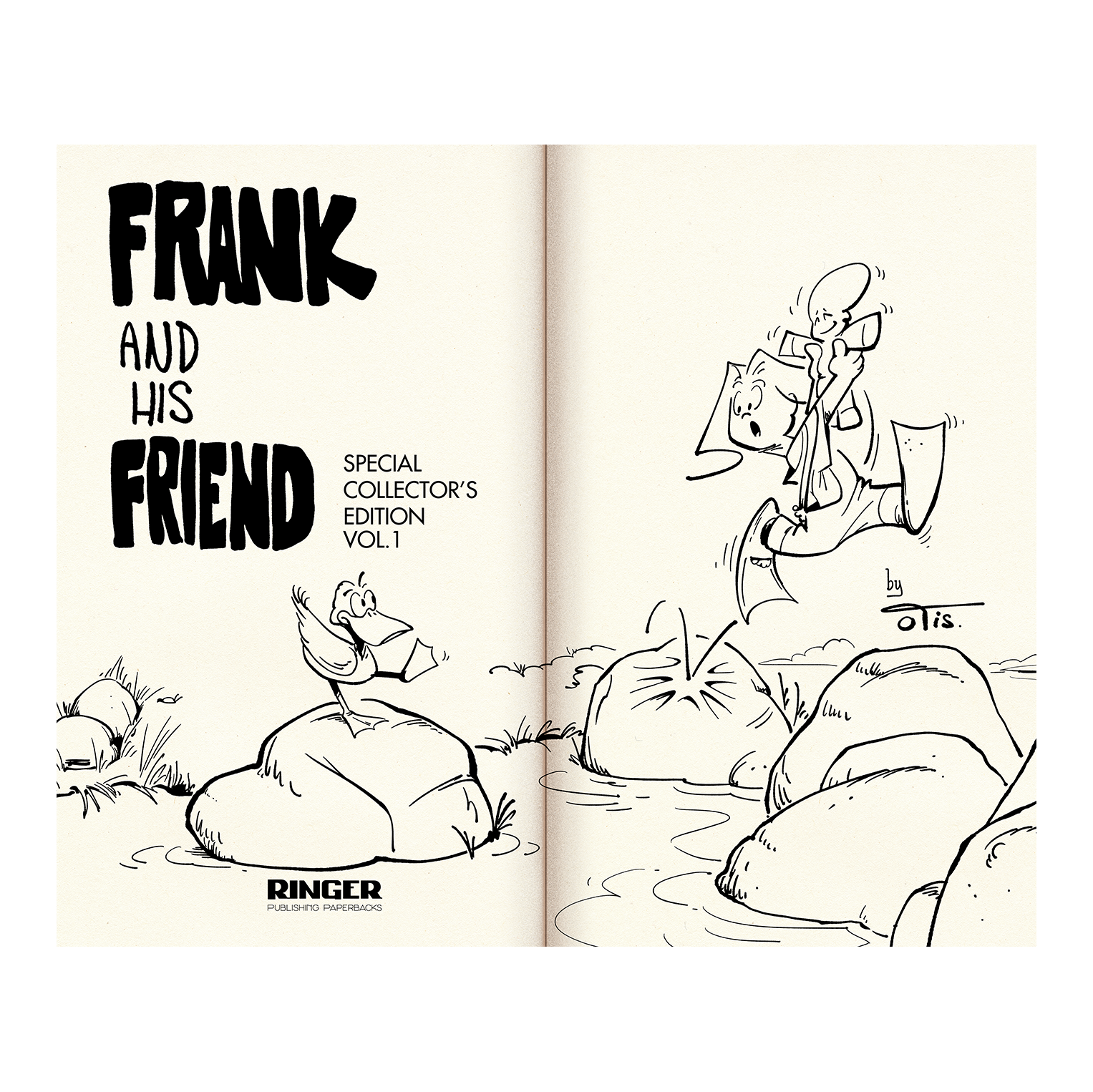 Title page spread - black and white ink drawing of kid hopping on rocks wearing fins looking at duck - Frank and His Friend Special collectors edition vol. 1  Ringer Publishing Paperback