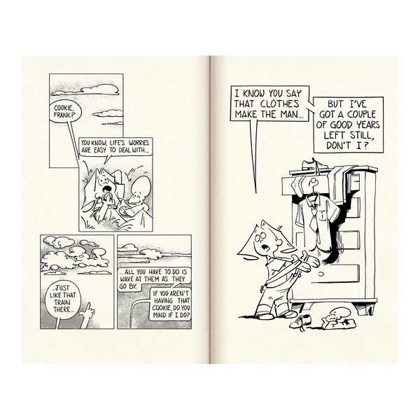 Page spread of 2 comic strips in black and white of Frank and his Friend. Kid looking at sky and kid by dresser 