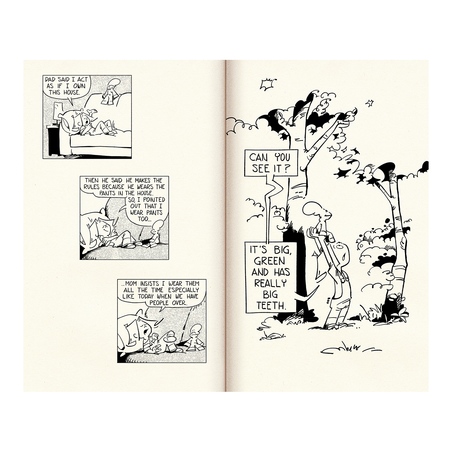 Page spread of 2 comic strips in black and white of Frank and his Friend. kid laying on sofa with doll and kid looking over an hedge