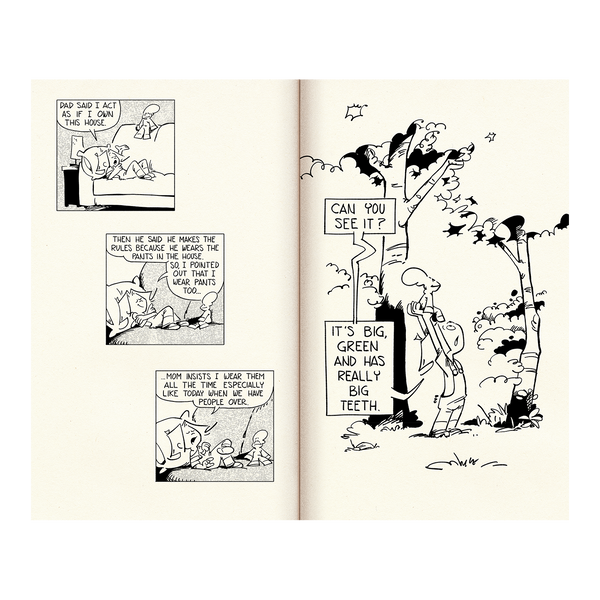 Page spread of 2 comic strips in black and white of Frank and his Friend. kid laying on sofa with doll and kid looking over an hedge